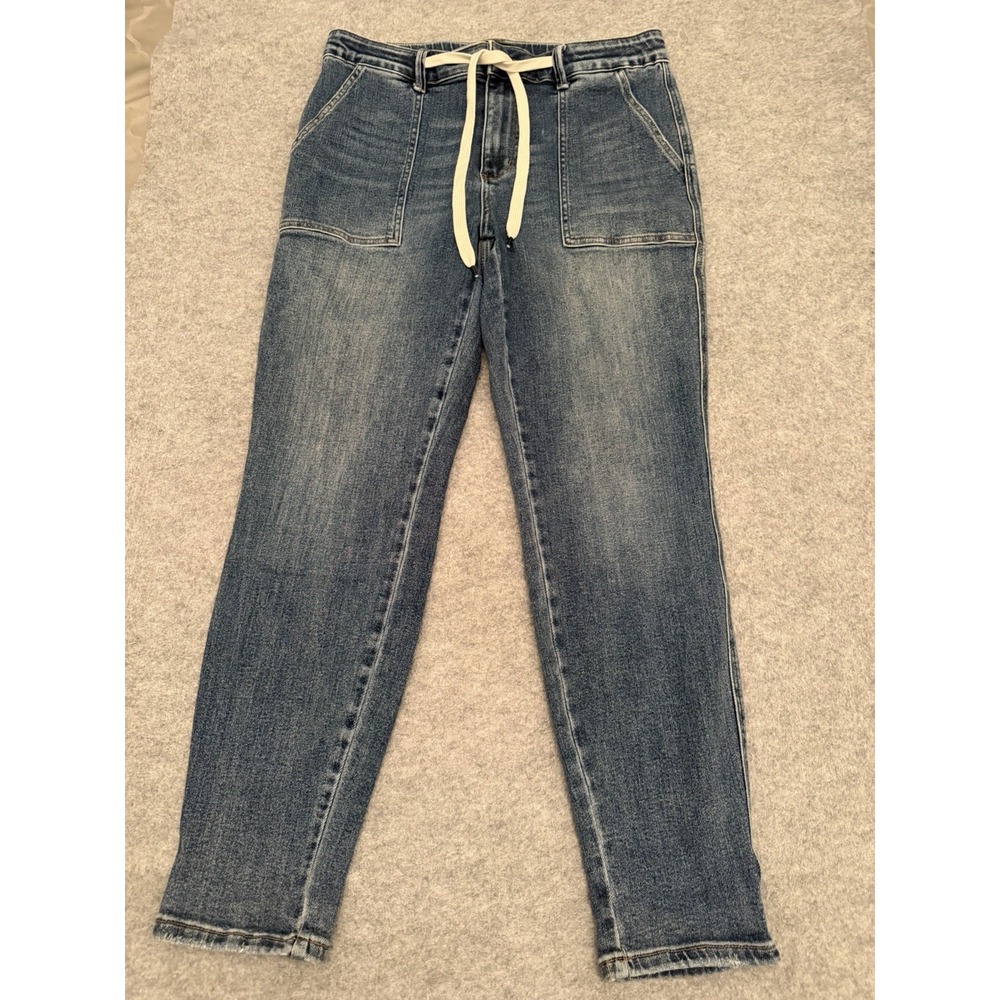 Judy Blue Women's Jogger Jeans High Waist Drawstring Patch Pockets Md Wash 13/31